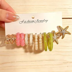 Pares de pendientes de aro con flores y estrellas de mar de estilo bohemio, pendientes en forma de C con perlas falsas de colores para mujeres, adecua