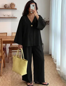 Conjunto de dos piezas para mujer de talla grande con top de cuello en V y pantalones largos de cintura elástica, de algodón puro y manga larga, ade - Shein - FashionsVida