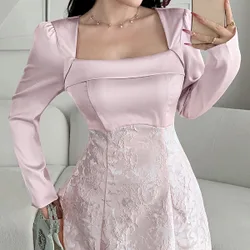 Vestido elegante de mujer con cuello cuadrado, manga larga y jacquard L