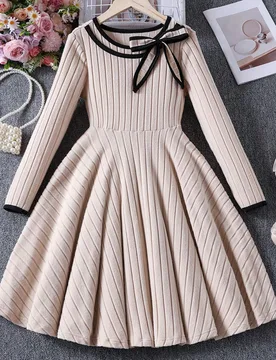 Vestido de manga larga con cuello de lazo elegante para niñas, adecuado para uso diario casual, otoño 11Y - Shein - FashionsVida