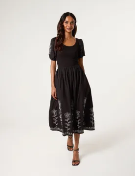 Embroidered Puff Sleeve Midi Dress - L / BLACK - female - Blue Vanilla - FashionsVida