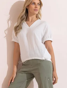 Women's Short Sleeve Textured Cotton Top in White Size: 16 - White - Size: 16 - Klass. - FashionsVida