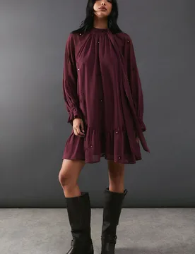 Womens Premium Chiffon Tie Neck Moon Embellished Mini Smock Dress - Burgundy - Size 12 Uk - Warehouse - FashionsVida