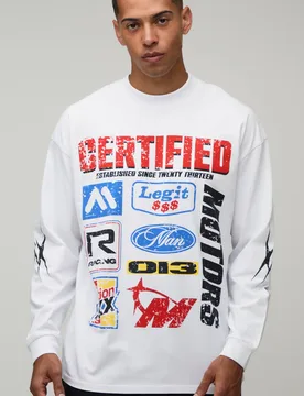Herren Weißes Übergroßes Moto-Print Langarm-Oberteil White Größe Medium - boohooMAN - FashionsVida