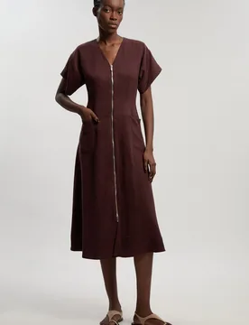 Womens Tencel Blend Tailored V Neck Zip Detail Maxi Dress - Chocolate Lyocell - Size 6 Uk - Karen millen - FashionsVida