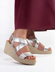 Leather Metallic Wedge Espadrille Sandals Silver female