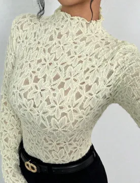 Blusa de moda ajustada de manga larga con cuello alto y estampado floral para mujer, primavera/verano L - Shein - FashionsVida