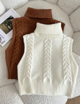 Conjunto de 2 piezas para niña preadolescente: Top de cuello alto de lana sin mangas con detalle retorcido, en blanco sólido y marrón café, ropa d - Shein - FashionsVida