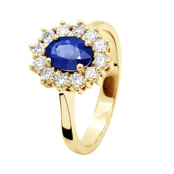 Womens - Ring - Sapphire Surrounded By Diamonds - Yellow Gold - White - Size R