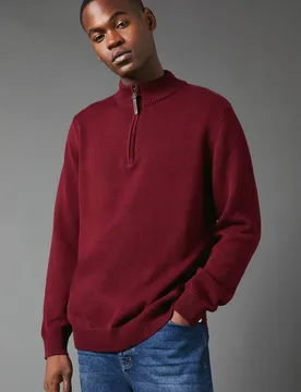 Mens Premium Pure Cotton Half Zip Funnel Jumper - Burgundy - Size Large - Maine - FashionsVida