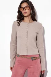 Womens Cropped Ribbed Button Cardigan - Beige - Size Medium