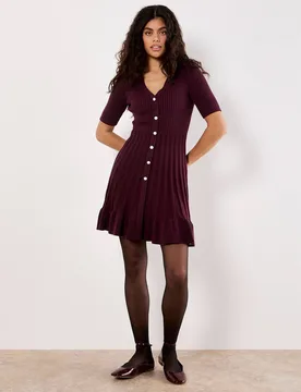Women's Ribbed Knit Fit & Flare Mini Dress in Burgundy Size: 16 - Burgundy - Size: 16 - Apricot - FashionsVida