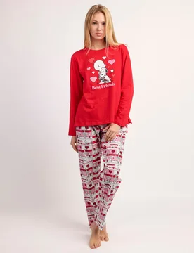 Pijama largo de mujer de punto de algodón detalles en relieve - Peanuts - FashionsVida