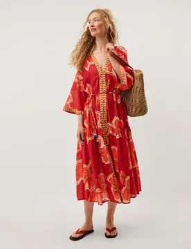 Pure Cotton Printed V-Neck Midaxi Kaftan Dress Pink Mix female - Monsoon - FashionsVida