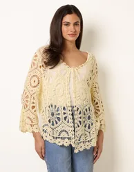 Long-Sleeved Crochet Cardigan - S/M / LEMON - female
