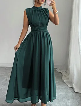 Vestido largo con cuello de pie, sin mangas, con lazo en la cintura, de línea A, de gasa de unicolor, elegante y casual, para uso diario, vacaciones, - Shein - FashionsVida