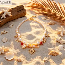 Summer Beach Shell & Pearl Choker Necklace with Sun Starfish Conch Charms Gold Beaded Collar for Women Vacation Jewelry Accessor