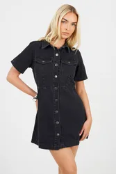 Women's Collared A-Line Denim Mini Dress in Black Size: 8 - Black - Size: 8