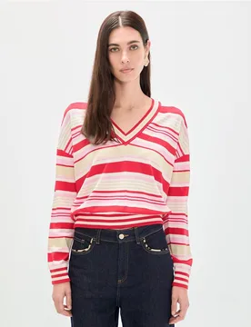 Jersey de mujer con cuello pico a rayas tricolor - Lola Casademunt - FashionsVida