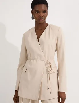 Womens Petite Tailored Marl Tie Waist Blazer - Natural - Size 14 Uk - Karen millen - FashionsVida