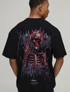 Mens Oversized Skeleton Worldwide Large Scale Print T-Shirt - Black Cotton - Size Large - boohooMAN - FashionsVida