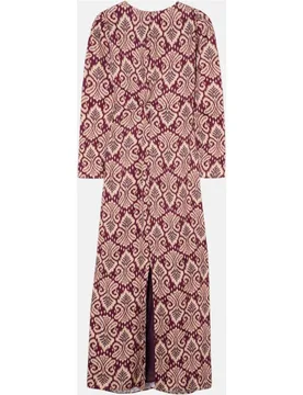 Vestido largo drapeado estampado ikat granate - Silbon - FashionsVida
