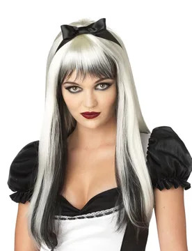 Halloween Langhaar Perücke mit Strähnen weiß-schwarz - KARNEVAL-MEGASTORE - FashionsVida
