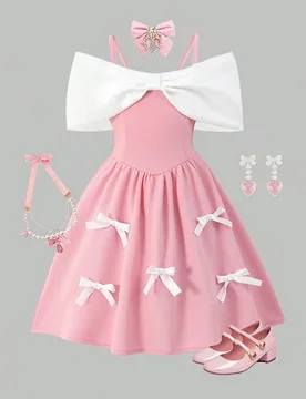 Vestido corto con hombros descubiertos, decorado con moño y volantes para niña, elegante y casual para uso al aire libre, adecuado para primavera y - Shein - FashionsVida