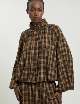 Women's Beaded Check Print Bubble Hem High Neck Jacket in Brown Size: 12 - Brown - Size: 12 - Karen millen - FashionsVida