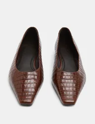 Leather Croc Chisel Toe Flat Pumps Tan female