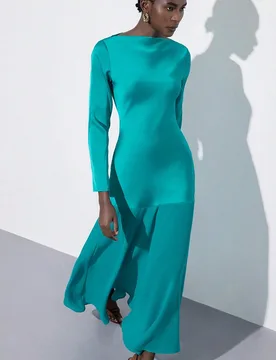Vestido de manga larga de satén y gasa azul cerceta con patchwork, minimalista, elegante y modesto, con cintura ceñida tipo sirena, versátil para m - Shein - FashionsVida