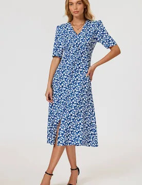 Women's Floral Print Button Front Midi Dress In Blue Size: Medium - Blue - Size: M - FS Collection - FashionsVida