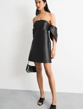 Women's Structured Puff Sleeve Bardot Mini Dress in Black Size: 12 - Black - Size: 12 - Warehouse - FashionsVida