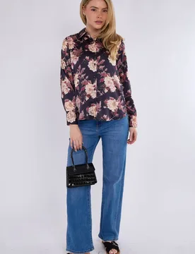 Women's Navy Floral Print Satin Shirt Size: XL - Navy - Size: XL - LOVE SUNSHINE - FashionsVida