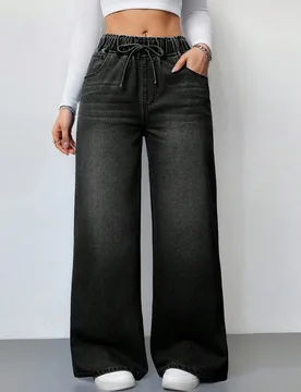 Jeans de mezclilla casuales holgados de pierna ancha con bolsillo y lazo en la cintura para mujer Petite XXS - Shein - FashionsVida