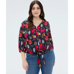 Blusa de mujer estampado floral en viscosa con nudo para una sensación agradable en la piel