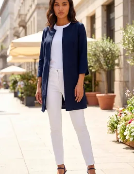 Women's 3/4 Sleeve Textured Longline Jacket in Navy Size: 20 - Navy - Size: 20 - Roman - FashionsVida