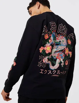 Herren Oversized Dragon Blumen-Grafik Sweatshirt Black Größe Small - boohooMAN - FashionsVida