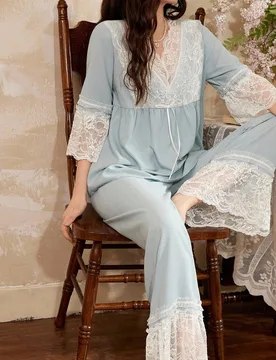 Conjunto de pijama elegante y romántico de encaje francés para dama S - Shein - FashionsVida