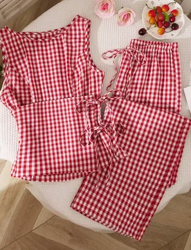 Blusa sin mangas de diseño de cuadros rojos retro elegante francés, versátil y de moda, combinada con pantalones rectos casuales, estilo relajado d - Shein - FashionsVida