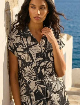 Womens Printed Broderie Collared Top - Black - Size 12 Uk - Roman - FashionsVida