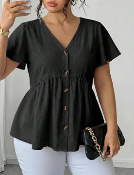 Blusa de bambú de manga corta con nudo en talla grande para mujer 0XL - Shein - FashionsVida