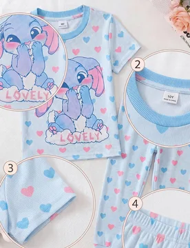 Conjunto de pijama de punto estampado cómodo y lindo para niñas, ropa de estar en casa casual, adecuado para uso diario, ropa de verano para niñas, - Shein - FashionsVida