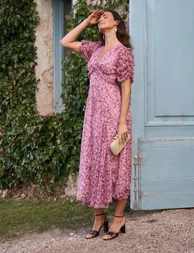 Vestido midi estampado con mangas abullonadas - Polin et Moi - FashionsVida