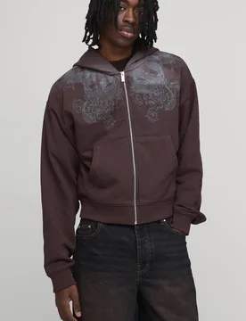 Herren Verkürzter Drachen-Grafik Washed Zip-Hoodie Sweatshirt Chocolate Größe Large - boohooMAN - FashionsVida