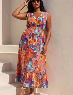Women's Curve Postcard Print V-Neck Maxi Dress in Red Size: 18 - Red - Size: 18 - Roman - FashionsVida