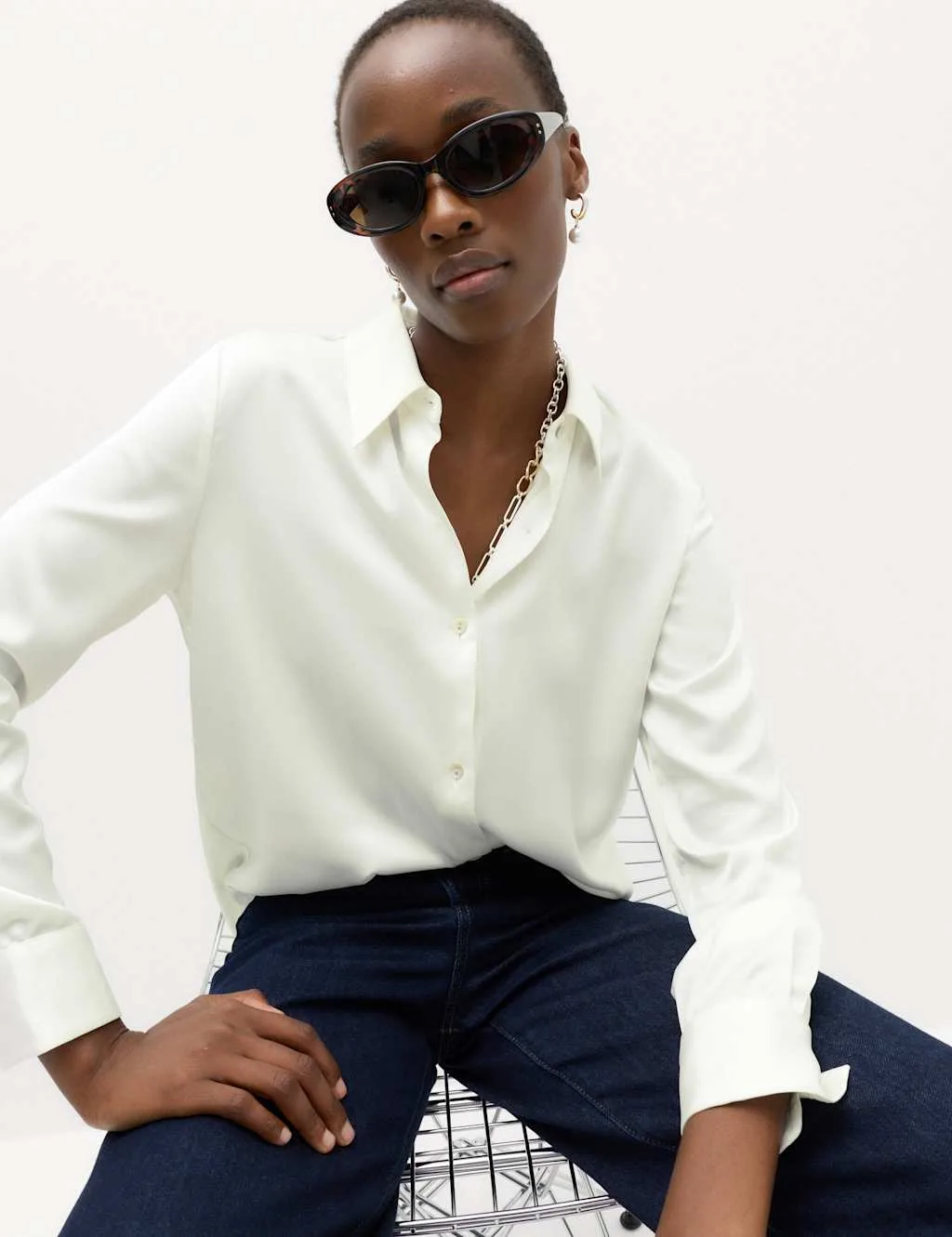 Satin Collared Button Through Shirt Ivory female - M&S - FashionsVida
