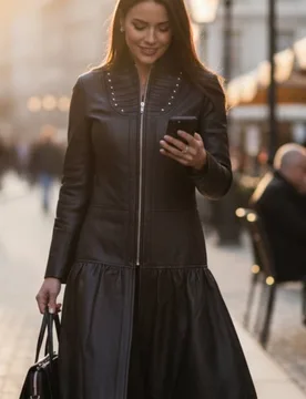 Women's Ribet Goth Leather Victorian Studded Flare Coat- Mist in Black Size: 20 - Black - Size: 20 - Infinity Leather - FashionsVida