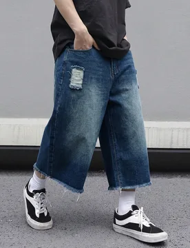 Vaqueros de Mezclilla Talla Grande para Hombre Estilo Casual Streetwear Corte Holgado Desgastado con Dobladillo Deshilachado Largo 3/4 con Bolsillos p - Shein - FashionsVida