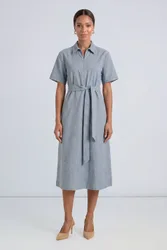 Womens Textured Woven Zip Front Midi Dress - Grey